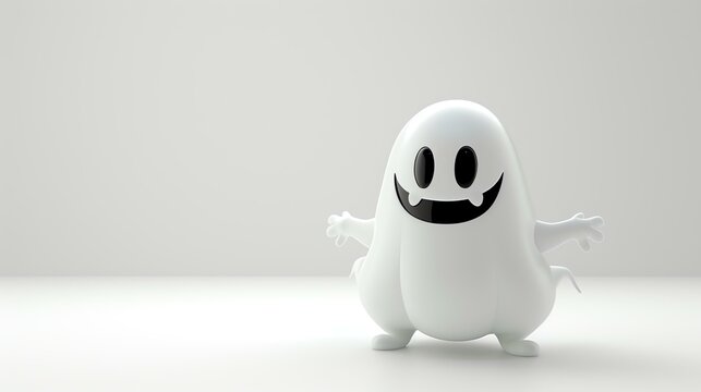 3D rendering of a cute and friendly ghost. The ghost is white and has a happy expression on its face. It is standing in a bright and empty room.