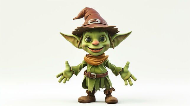 Cute green goblin character with a friendly smile, wearing a brown hat and ragged clothes. He has pointy ears and big green eyes.