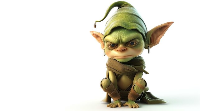Cute green goblin with a hat looking sad and lonely. It is sitting on a white background. It is a 3D rendering.
