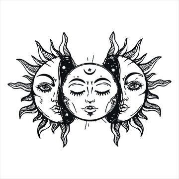 moon inside the sun with a face, black and white vector drawing in Vedic style 