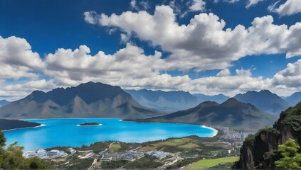 "Explore the breathtaking beauty of the famous Blue Mountains in Lijiang, where the vibrant blue hues of the mountains meet the lush greenery of the surrounding landscape."