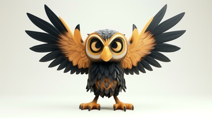 Cute cartoon owl with big eyes and wings spread out. The owl is standing on the ground and looking at the camera. It has brown and black feathers.
