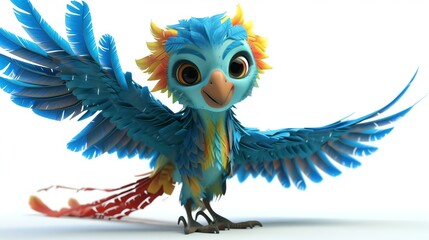 A cute and colorful cartoon parrot with its wings spread out.