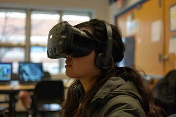A female student immersed in virtual reality experience inside classroom setting. Concept Virtual Reality, Classroom Technology, Modern Education, Female Student, Immersive Learning