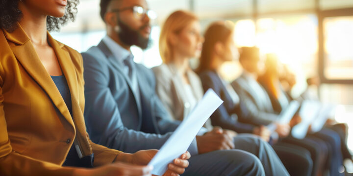 A lineup of diverse job applicants holding resumes, ready for their interviews, highlighting professionalism and readiness.