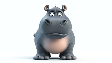 3D rendering of a cute and funny hippopotamus. The hippo is standing on a white background and looking at the camera with a curious expression.