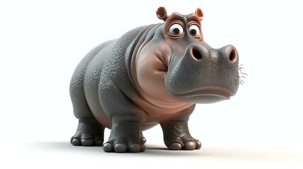 3D rendering of a cute and funny hippopotamus isolated on a white background. The hippo has a grey body. He looks happy and friendly.
