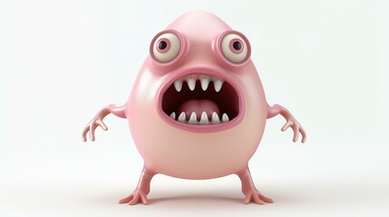 Cute and funny cartoon monster with big eyes and mouth. Pink and round, with sharp white teeth. Standing on two legs with arms outstretched.