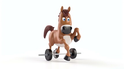 3D rendering of a cartoon horse lifting weights. The horse is brown and has a white mane and tail.