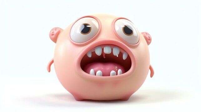 3D rendering of a cute and funny pink cartoon monster with big eyes and a toothy grin.