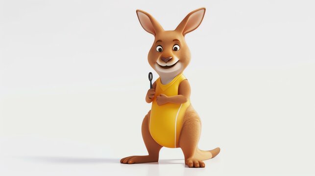 A cute and happy cartoon kangaroo is standing on a white background. The kangaroo is wearing a yellow shirt and is holding a tennis racket.
