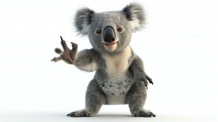 A cute and cuddly koala bear is standing on a white background. The koala has a friendly expression on its face and is looking at the viewer. - obrazy, fototapety, plakaty
