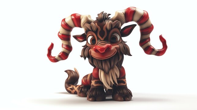 This is an image of a cute and cuddly creature with candy cane horns. It has a big smile on its face and is sitting on its haunches.