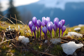 Vibrant flowers emerging from the snowy landscape in closeup macro photography
