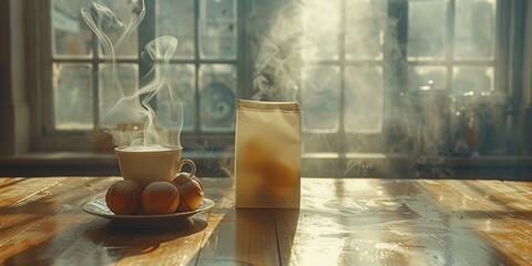 A refreshing morning awaits as a pitcher of juice and a steaming cup of drink sit on the table, framed by the window and shining through the transparent glass - obrazy, fototapety, plakaty