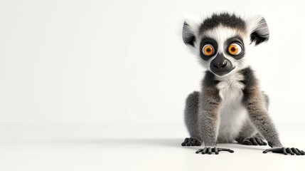 A cute and adorable baby lemur with big eyes and a long tail, sitting on a white background, looking at the camera with a curious expression.