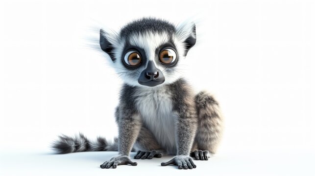 A cute and cuddly lemur sits on a white background. The lemur has big, round eyes and a long, bushy tail.