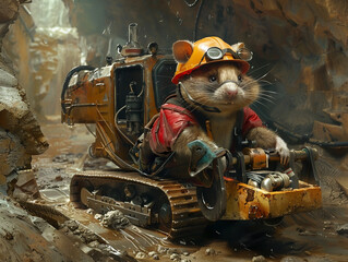 A clever mole in a hard hat and miners gear operates a state of the art excavation machine unearthing treasures