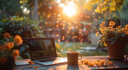 As the autumn sun rises, a laptop and mug sit on a table among potted plants and a vase of flowers, bringing a sense of warmth and coziness to the outdoor scene