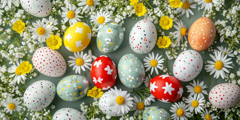 Fototapeta na wymiar A banner of Colorful painted Easter eggs nestled among white and yellow daisies on a green background, embodying spring festivity. Ideal for seasonal themes and crafts.