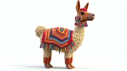 3D rendering of a llama wearing a colorful blanket with traditional patterns.