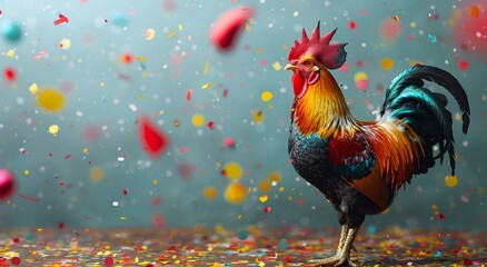 A colorful rooster proudly struts among a sea of confetti, embodying the wild and spirited nature of its jungle fowl ancestors - obrazy, fototapety, plakaty