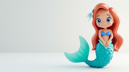 Cute cartoon mermaid with red hair and blue tail. 3d rendering.