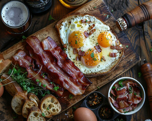 A traditional English meal with a focus on the savory flavors of bacon and eggs complimented by a side of beer - obrazy, fototapety, plakaty
