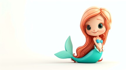 Obraz na płótnie Canvas Little cute cartoon mermaid with red hair and blue fishtail. Isolated on white background. 3D rendering.