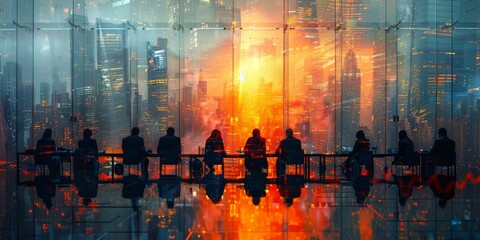 A diverse group of individuals gather in a room, surrounded by the majestic cityscape, admiring the reflection of the towering skyscrapers in the glistening art pieces as the warm light cascades thro