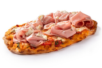 Deliziosa pinsa romana condita con sugo, mozzarella di bufala e mortadella, cibo italiano 