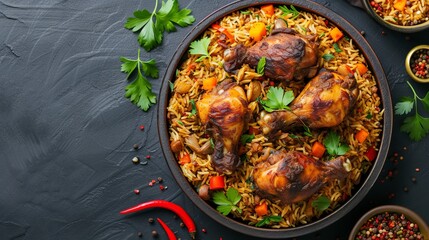 Top view of Chicken Mandy: Arab cuisine's national dish, chicken kabsa with rice mandi.
