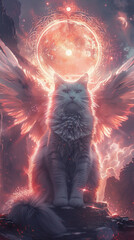 An ethereal winged cat deity surrounded by a halo of light bestowing blessings upon its followers in a serene sanctuary