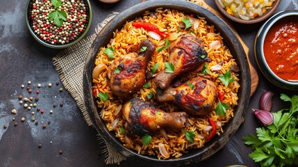 Top view of Chicken Mandy: Arab cuisine's national dish, chicken kabsa with rice mandi.