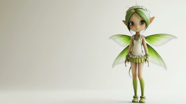 Little fairy with green hair and wings standing on a white background. She is wearing a white dress and green shoes.
