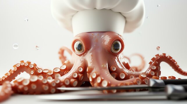 A cute and funny octopus wearing a chef's hat is holding a knife and fork, ready to cook.