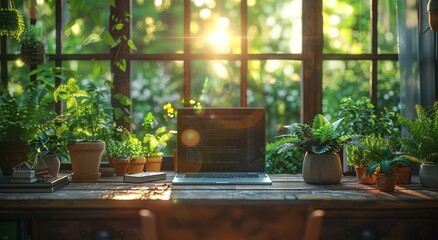 A sun-kissed laptop sits on a table amidst a lush indoor garden, with potted houseplants and a vase of colorful flowers adding life to the serene outdoor view through the window