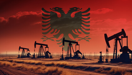 Naklejka premium Oil production in the Albania. Oil platform on the background of the Albania flag. Albania flag and oil rig. Albania fuel market.
