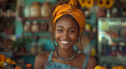 Obraz premium A radiant woman exudes warmth and joy as she models her fashionable orange clothing, mirroring the bright and vibrant hues of the juicy fruit in the background