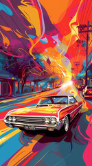 Retro cars in a pop art explosion of neon colors and geometric shapes creating a visually striking homage to the 60s and 70s car culture