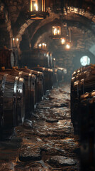 Vintage wooden barrels for oil storage in a dimly lit cellar echoing tales of old craftsmanship - obrazy, fototapety, plakaty
