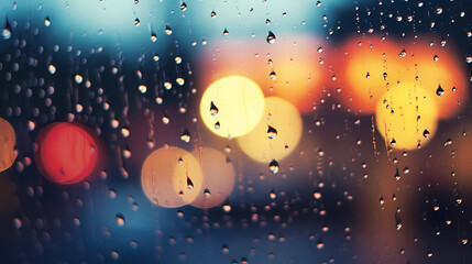 Raindrops on wet window glass with blurred panorama of city in night lights glare and bokeh