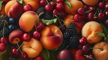 Close-up of berries, peaches, and cherries among other summer fruit.