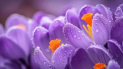 Keuken spatwand met foto Arlington, Massachusetts close-up of purple crocus blossoms with orange pistil and stamens. © Suleyman