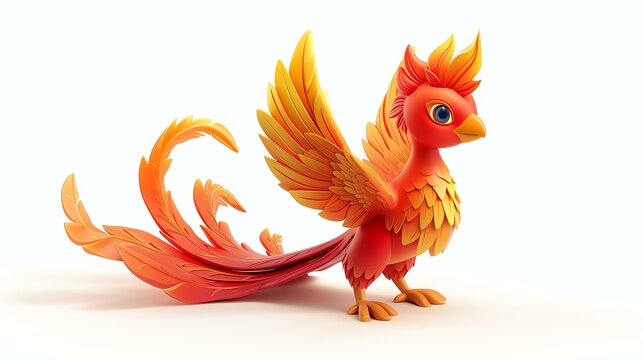 A Cartoon Phoenix With Bright Red And Yellow Feathers. It Has A Long Tail And A Crest On Its Head.