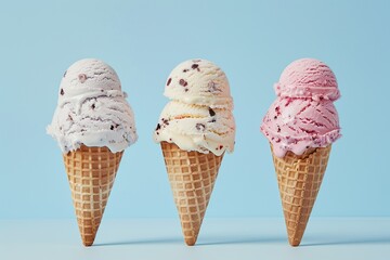Three ice cream cones in a variety of flavors on a blue background