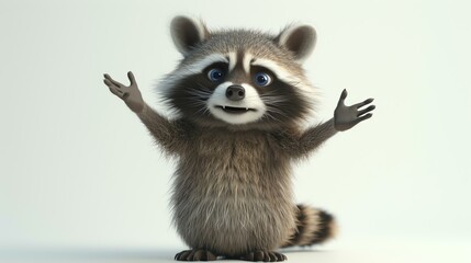 3D rendering of a cute and fluffy raccoon standing on its hind legs with its paws in the air. - obrazy, fototapety, plakaty