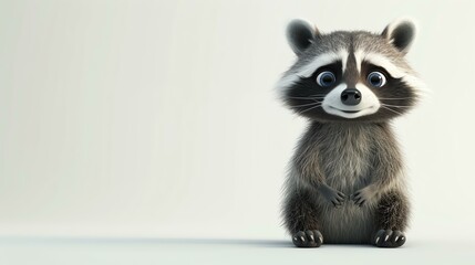 A cute and cuddly raccoon sits on a white background. The raccoon has big, blue eyes and a bushy tail.