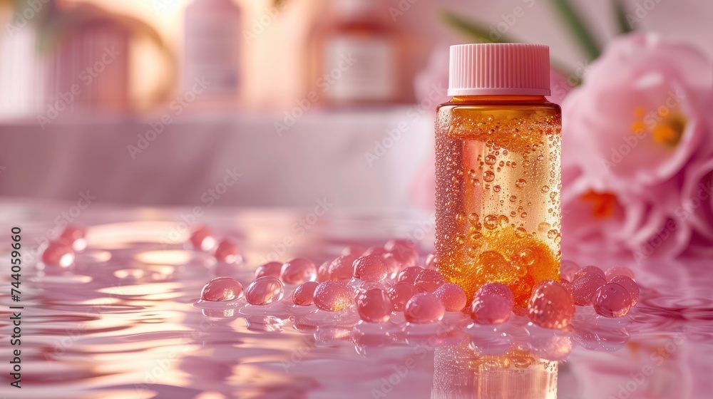 Poster a close up of a bottle of liquid on a table with pink flowers in the background and water droplets o
