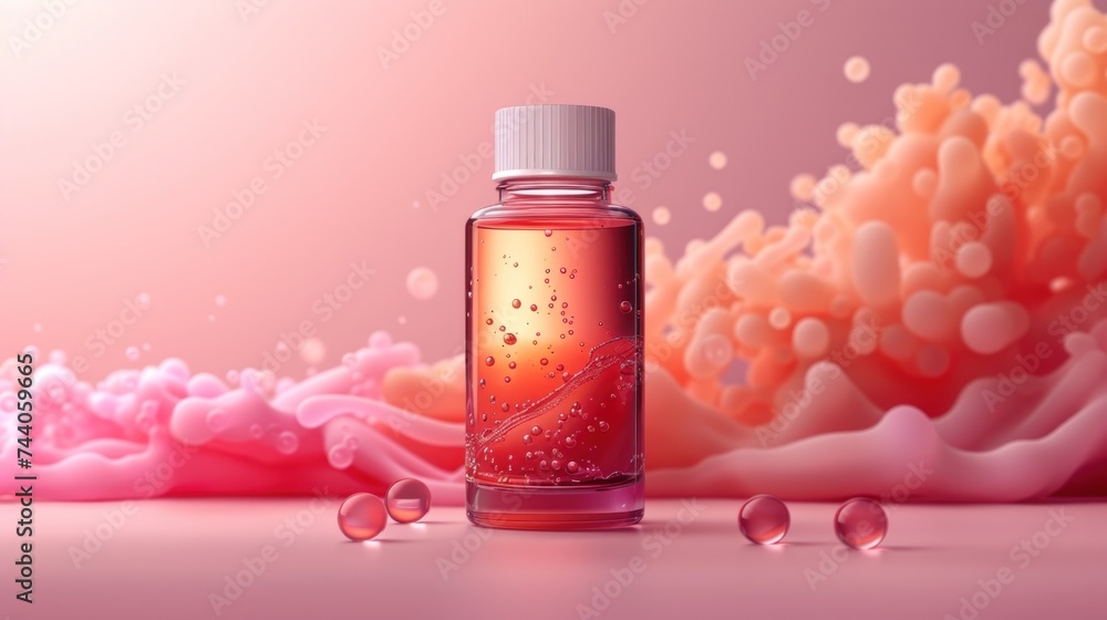 Poster a close up of a bottle of liquid with drops of water on a pink background with a splash of water on 